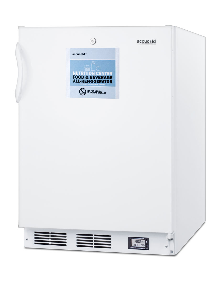 Commercially approved Nutrition Center series all-refrigerator in white for built-in or freestanding use, with front lock and digital temperature display